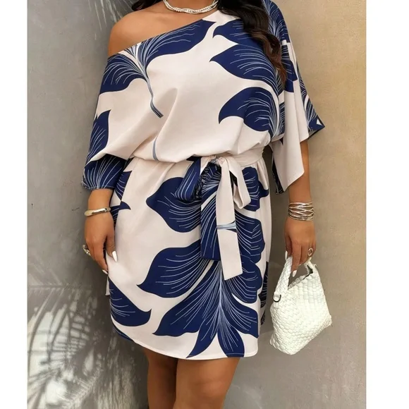 Plus Tropical Print One Shoulder Belted Batwing Sleeve Dress - Picture 5 of 9